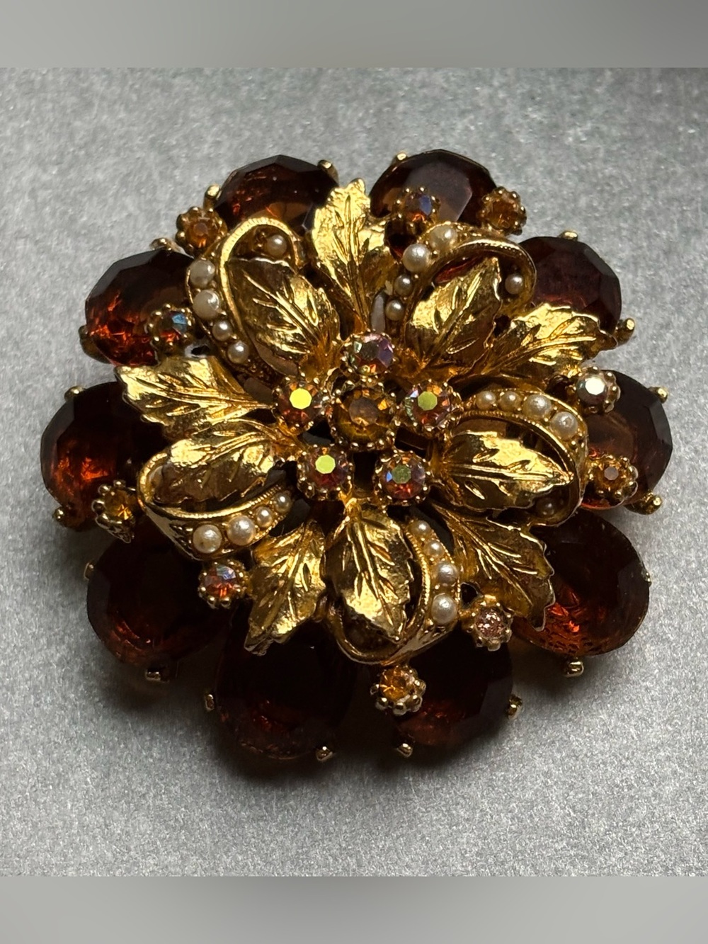 Vintage Signed ART Openback Smoked Topaz Rhinestone Flower Brooch Pin 1960’s